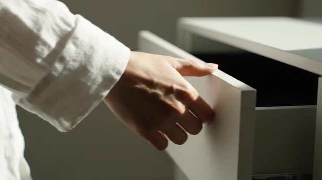 Hand Opening Drawer in Office Setting.
