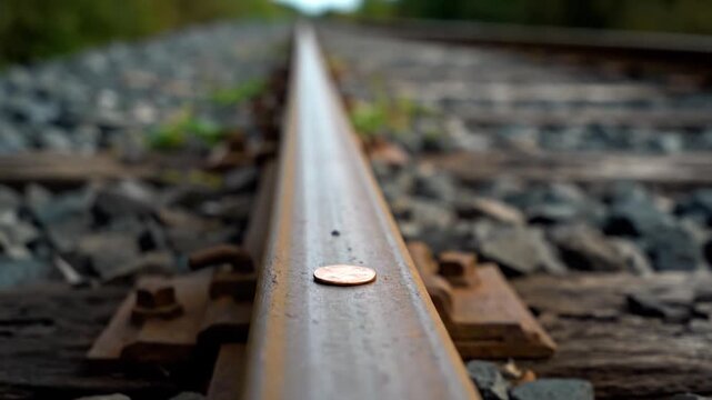 Hand Placing Coin on Train Track.