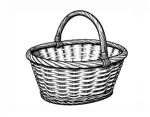 Obraz premium Detailed Hand-Drawn Illustration of an Empty Woven Basket with a Handle, Isolated on White.