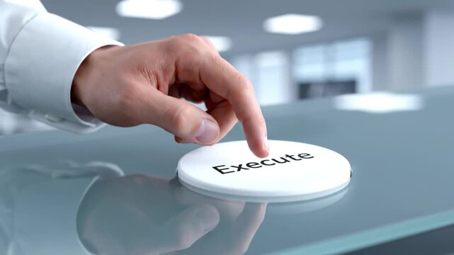 Hand Pressing Execute Button on Glass Surface.
