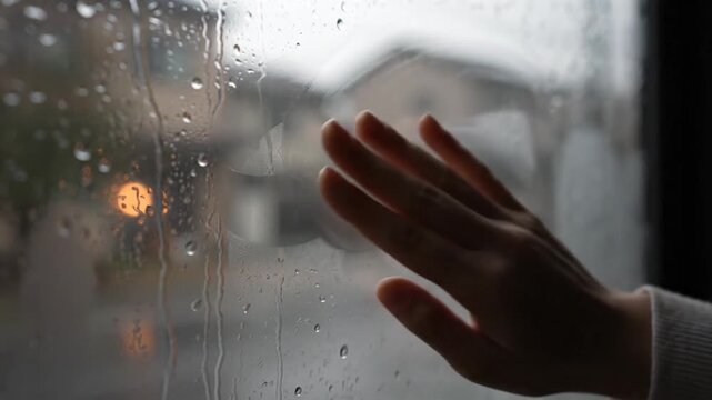Hand Touching Rainy Window on a Cloudy Day.