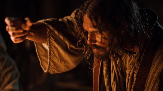 Jesus christ at the last supper illuminated by candlelight with disciples