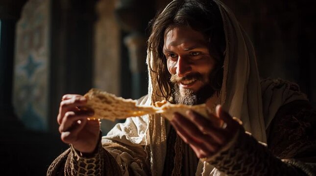 Jesus christ breaking bread in dramatic, lowlight setting, religious theme