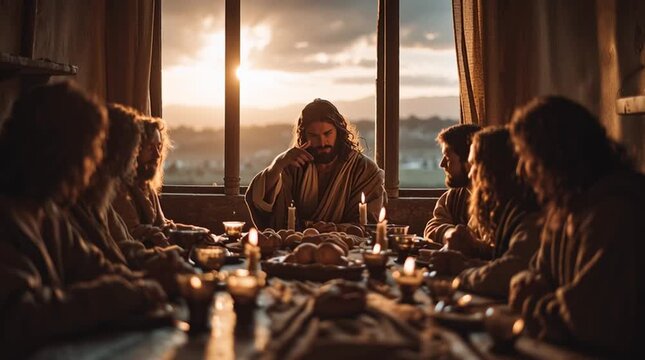 Jesus christ with his twelve disciples at the last supper during sunset