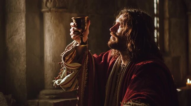 Jesus christ holding the communion cup at the last supper in a dimly lit setting