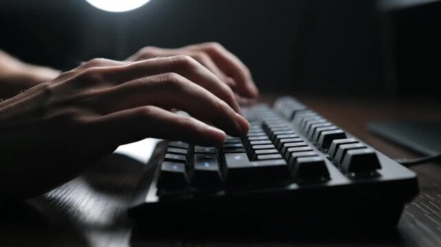 Hands Typing on Keyboard in Dark Room.