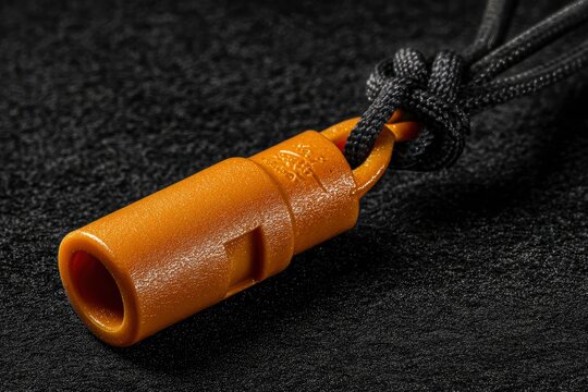 A vibrant, orange safety whistle, crafted from durable plastic, is prominently displayed against a rich, dark, textured background. A tightly knotted black paracord lanyard is attached, suggesting rea