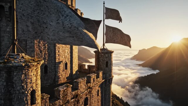 Ancient Castle Turret Bathed In Golden Sunset Light Above Clouds