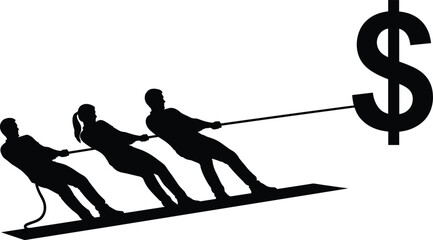 Team of professional business people pulling a heavy dollar sign symbol with rope for financial success and profit © Bappi