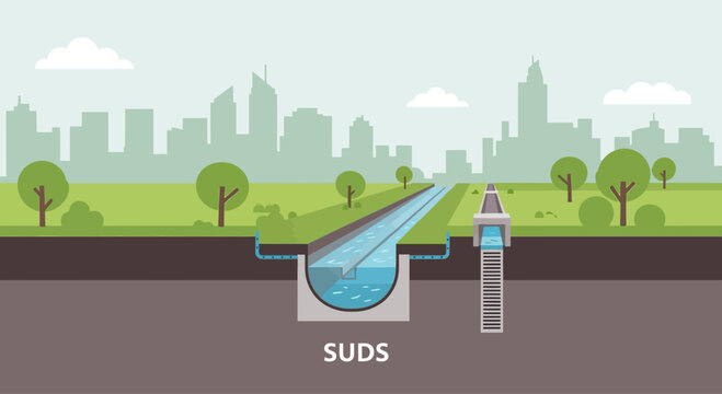 Sustainable Urban Drainage System (SUDS) managing water flow in a city landscape
