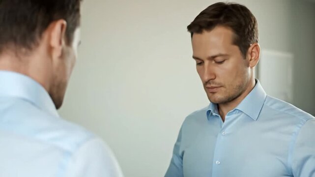 Man Adjusting Shirt with Another Man Nearby.