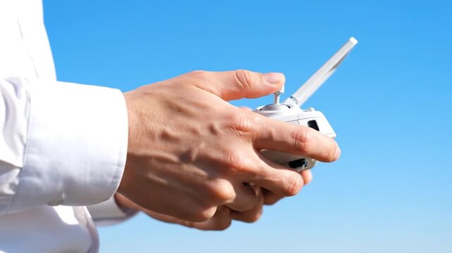 Man Holding Remote Control Against Blue Sky.