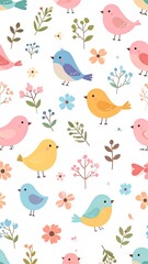 Colorful whimsical pattern of birds and flowers