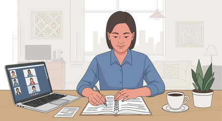 Fototapeta premium Woman working from home on laptop and notebook, video conference call, coffee and plant