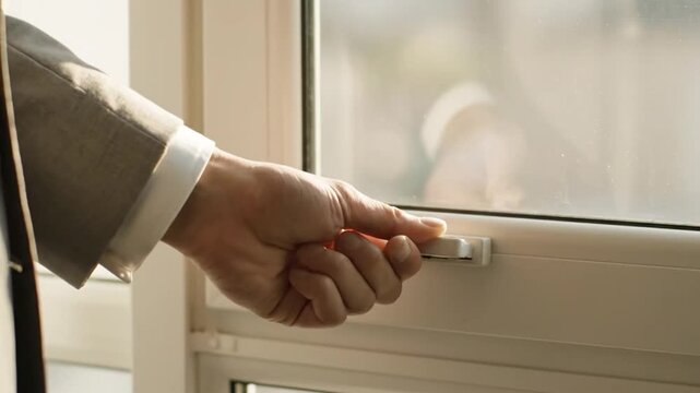 Man Opening Window in Office Setting.