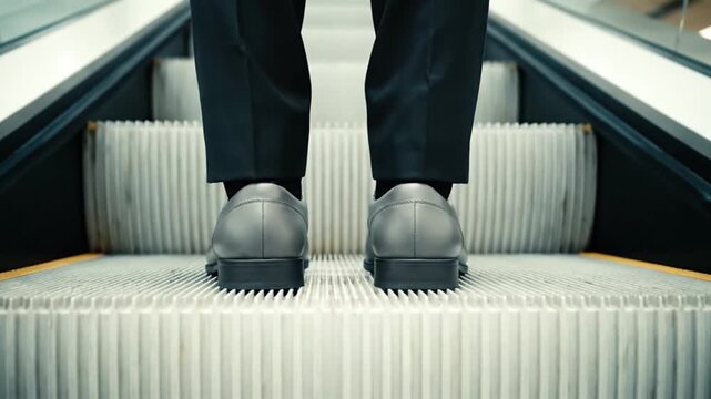 Man Riding Escalator in Business Attire.