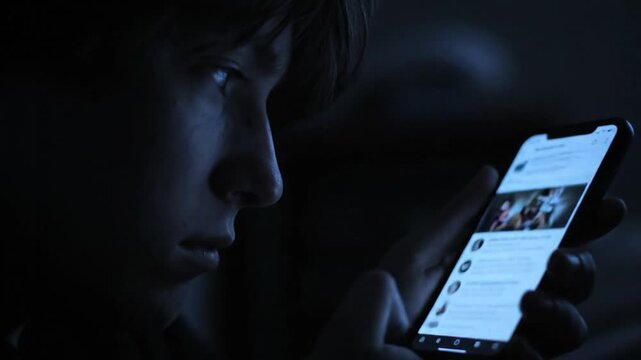 Man Using Smartphone in Dark Room.
