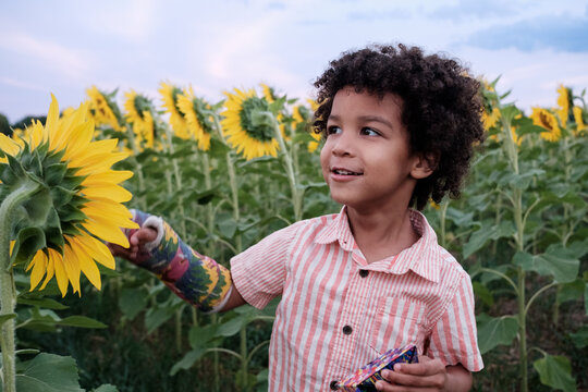 Child in a cast in Sunflower fields