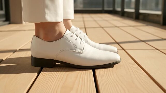 Man Wearing White Shoes on Wooden Floor.