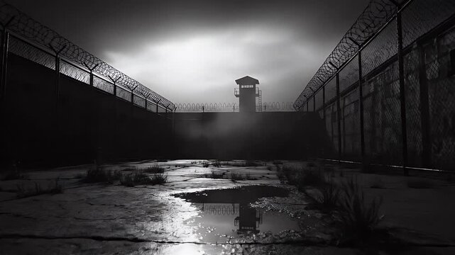 monochrome prison yard at dusk with barbed wire fence and watchtower