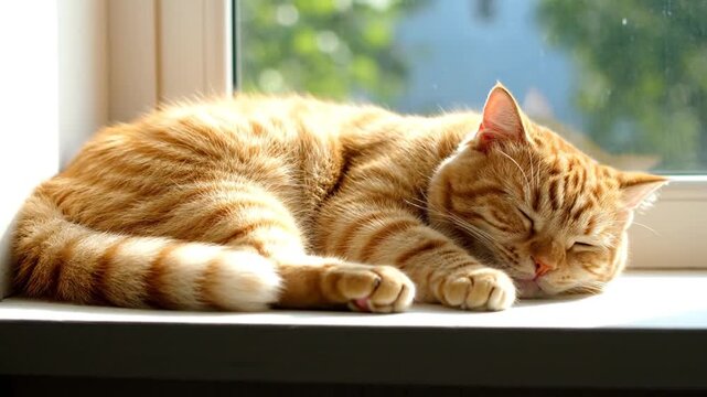 Orange Tabby Cat Sleeping on Windowsill.