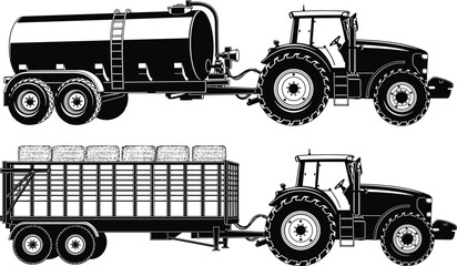 Agricultural tractor with tanker trailer and livestock hay wagon, black and white farm transport machinery illustration isolated on white background for rural agriculture concept © Shoentesh