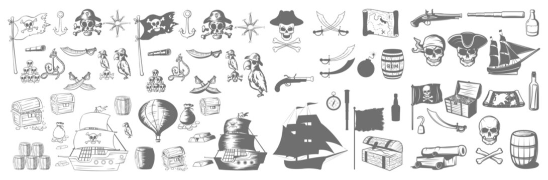 Vintage pirate elements collection set.	