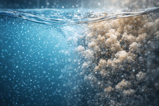 Close Up Water Coagulation Process in Drinking Water Treatment &ndash; Floc Formation Macro Detail