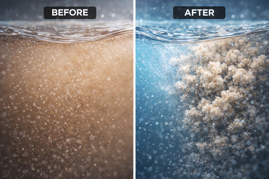 Before After Coagulation Process &ndash; Turbid Water Forming Flocs in Drinking Water Treatment, Close Up Macro, Water Purification Concept