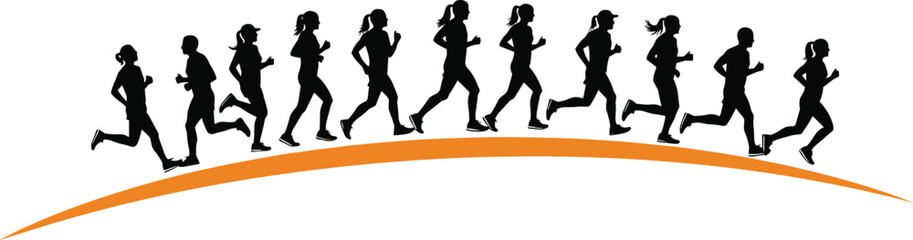 Obraz premium Large group of runners marathon silhouettes jogging on a curved horizon line for fitness community and healthy lifestyle