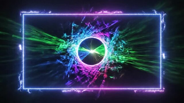 Vibrant neon light rays burst from a central point within an an electric frame