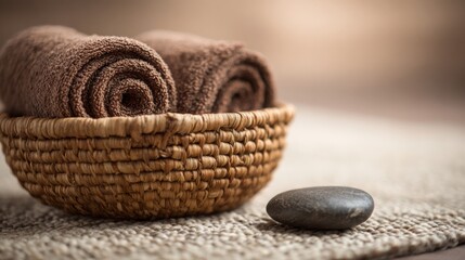 Rolled brown towels in a woven basket with a smooth stone, evoking a tranquil spa atmosphere