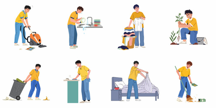 Reluctant young man doing various household chores and cleaning activities, illustrating domestic duties and daily responsibilities.