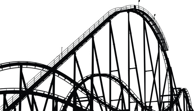 Roller coaster silhouette with steep drops and looping tracks at amusement park for summer vacation and theme park entertainment concept
