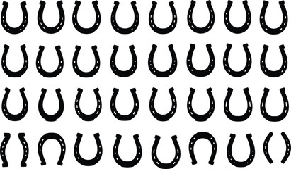 Black horseshoe silhouettes arranged in grid pattern, decorative icons, equestrian symbols, luck charm illustration, mirrored pairs, vector design elements