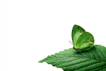 Fototapeta premium A vibrant green butterfly with delicate, intricately veined wings rests gently on a fresh, textured green leaf. The crisp, isolated composition against a pristine white background highlights the natur