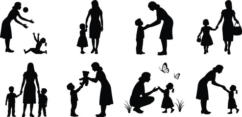 Obraz premium Mother and child silhouettes collection showing parenting, love and family care in black vector illustration isolated on light background