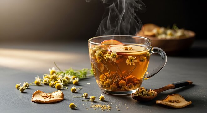 Chamomile tea with apple slice and dried fruit