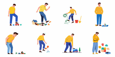 Fototapeta premium Man's Daily Struggles with Children's Toys and Household Messes: A Collection of Frustrated Parental Moments