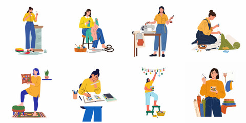 Fototapeta premium Women engaged in diverse sewing and crafting activities: mending, tailoring, designing, and organizing textiles with various tools, showcasing creativity and handmade fashion.