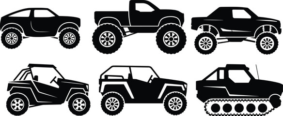 Off road vehicle and monster truck silhouettes collection in black vector illustration isolated on light background for extreme transport and adventure design © Shoentesh
