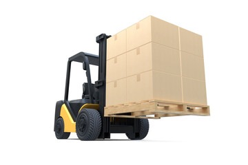 Naklejka premium The forklift truck is lifting a pallet with cardboard boxes on white background