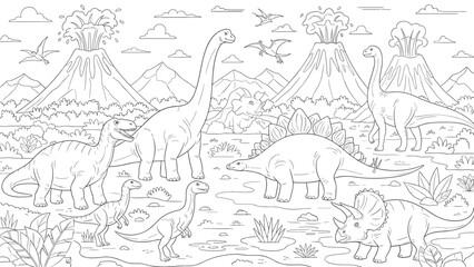 Fototapeta premium Detailed coloring page illustration of various dinosaurs including Brachiosaurus and Stegosaurus in a prehistoric landscape with volcanoes.