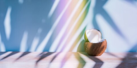 Obraz premium Coconut Half in Shell Resting on Wooden Banner Surface with Tropical Leaf Shadows and Sunlight Refraction for Summer Branding or Festive Greeting Card Background