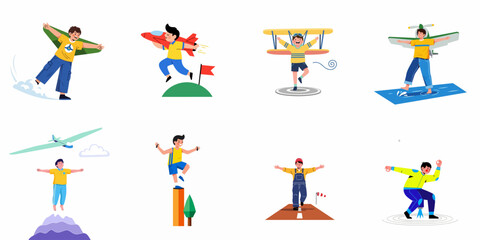 Diverse characters symbolizing dreams, ambition, and success through imaginative flight, balancing acts, and goal-oriented adventures. © Muqodimatul