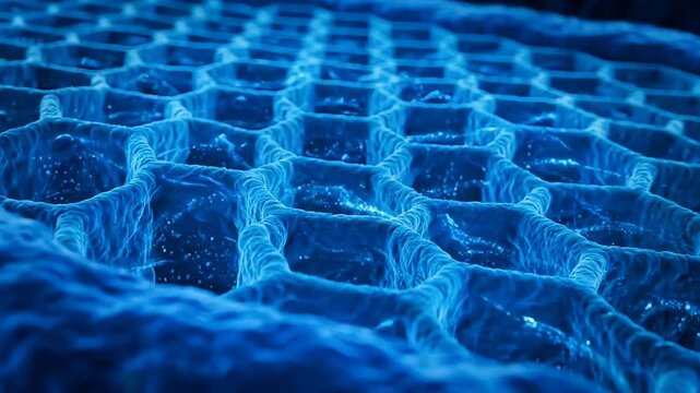 Close-up view of a blue hexagonal honeycomb-like textured surface, possibly a nanostructure or advanced material.