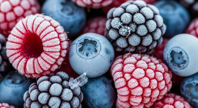 Frozen raspberries and blueberries close-up