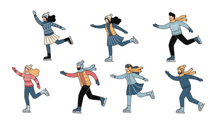 Diverse group of people in warm winter clothing enjoy ice skating outdoors on a clear day, practicing various poses and moves.