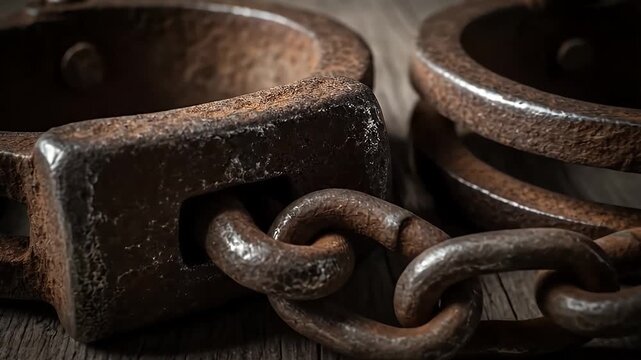 rusty shackles on weathered wooden floor with chain closeup