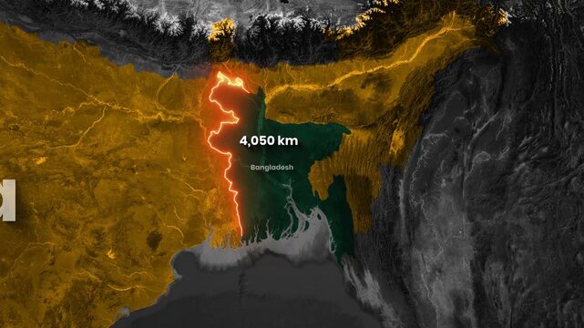 Map Animation the length of the border shared between India and Bangladesh